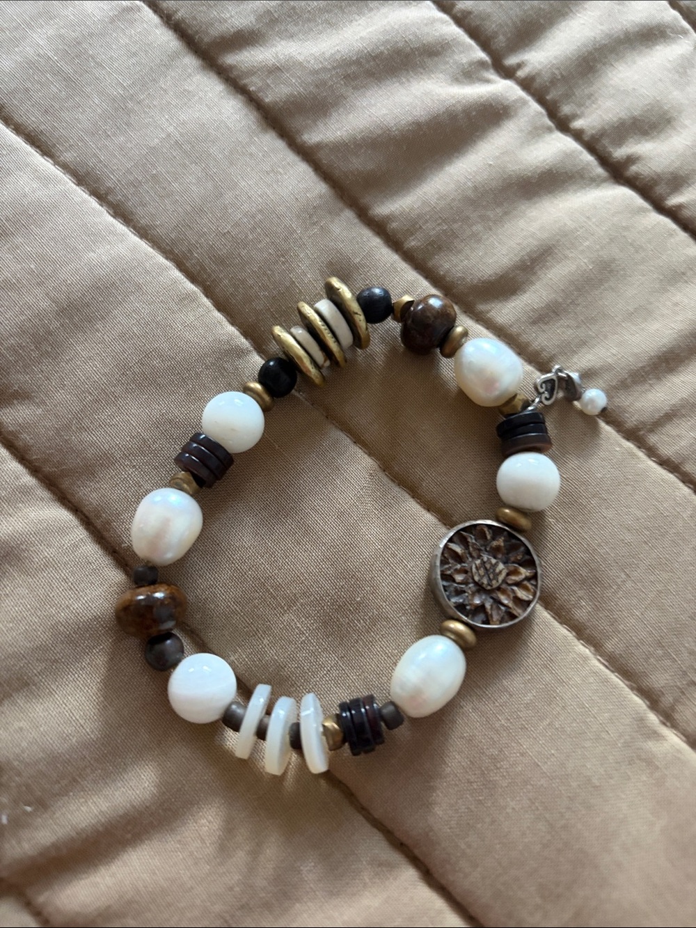 Lia Sophia White, Brown & Gold Beaded Stretch Bracelet with Floral Medallion